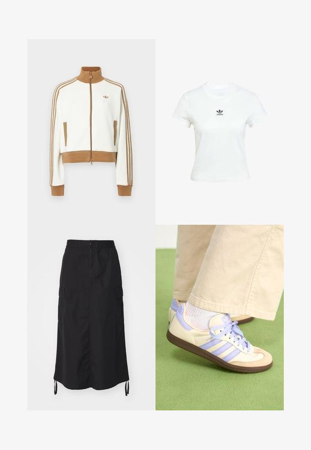 White cropped jacket with a ribbed brown collar and cuffs. Features two side pockets and three brown stripes along the sleeves. Embroidered logo.; White cotton t-shirt with short sleeves and a crew neckline. Features a black Adidas logo printed on the chest. Simple, minimal design.; Black mid-length skirt made of lightweight fabric. Features an elastic waistband, button closure, and side pockets with drawstring accents.; Cream and lavender sneakers with three stripes and a textured brown sole, featuring laces and a padded heel. Soft fabric upper.
