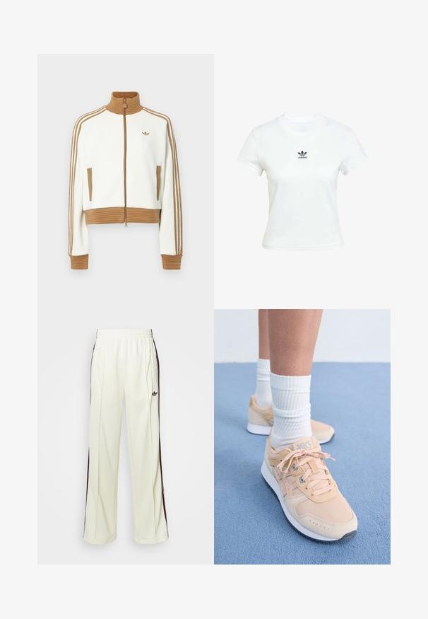 Bijela skraćena jakna s rebrastim smeškim ovratnikom i manžetama. Ima dva bočna džepa i tri smeđe pruge duž rukava. Izvezeni logo.; Bjela pamučna majica kratkih rukava s okruglim izrezom. Ima crni Adidas logo otisnut na prsima. Jednostavan, minimalistički dizajn.; Kremaste trenerke s opuštenim krojem, s tamno smešnim bočnim prugama i izvezenim logom na levom bedru.; Svijetlosmeđi pažni tenisice s tekstilnim gornjim dijelom, bijelim gumena potplat, i dizajnom sa vezanjem. Uparene s rebrastim bijelim čarapama i postavljene na plavu površinu.
