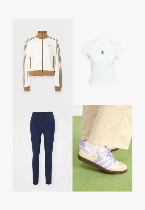Veste blanche raccourcie avec un col et des poignets côtelés marron. Comprend deux poches latérales et trois bandes marron le long des manches. Logo brodé.; T-shirt en coton blanc à manches courtes et encolure ras du cou. Présente un logo Adidas noir imprimé sur la poitrine. Design simple et minimaliste.; Leggings bleu marine en tissu extensible avec une taille haute, conçus pour le confort et une silhouette ajustée. Texture lisse, sans motifs visibles.; Baskets crème et lavande avec trois bandes et une semelle marron texturée, dotées de lacets et d'un talon rembourré. Tige en tissu doux.