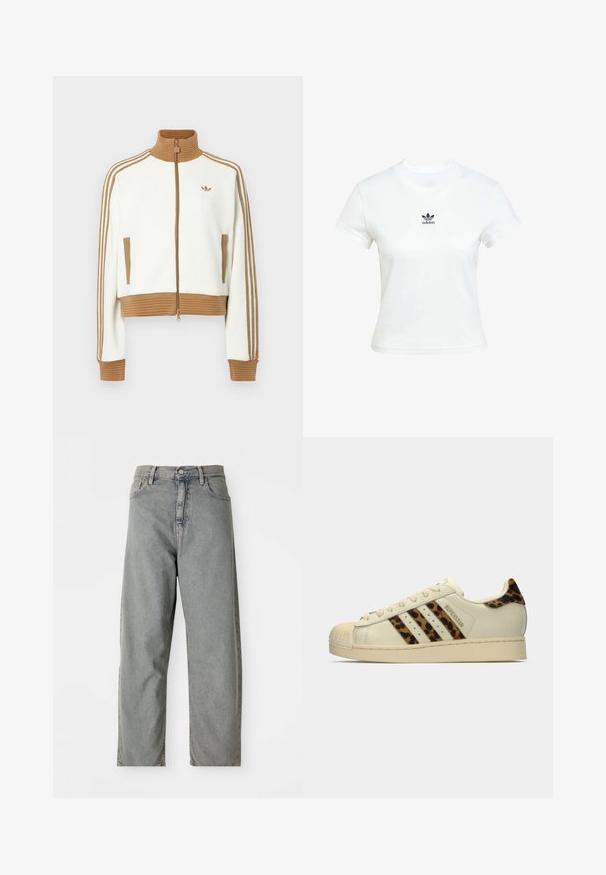 Biely skrátený kabát s rebrovaným hnedým golierom a manžetami. Obsahuje dve bočné vrecká a tri hnedé pruhy po stranách rukávov. Vyšívané logo.; Biela bavlnená tričko s krátkymi rukávmi a okrúhlym výstrihom. Na hrudi je vytlačené čierne logo Adidas. Jednoduchý, minimalistický dizajn.; Svetlo šedé džíny z denimu so strihom rovného nohavicí, s predným zapínaním na gombík, piatimi vreckami a jemným vyblednutím.; Svetlo krémové tenisky Adidas Superstar s pruhmi a pätkou s leopardím vzorom, béžovo gumovou špičkou a textom "SUPERSTAR" na strane.
