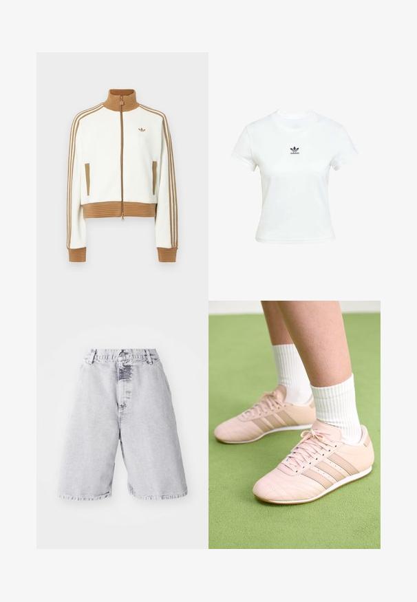 White cropped jacket with a ribbed brown collar and cuffs. Features two side pockets and three brown stripes along the sleeves. Embroidered logo.; White cotton t-shirt with short sleeves and a crew neckline. Features a black Adidas logo printed on the chest. Simple, minimal design.; Denim shorts in light gray with a faded texture. Features a button and zipper closure, belt loops, and a straight leg design.; Light pink athletic shoes with diagonal stitching, white soles, and three lateral stripes. Worn with ribbed white socks on green surface.