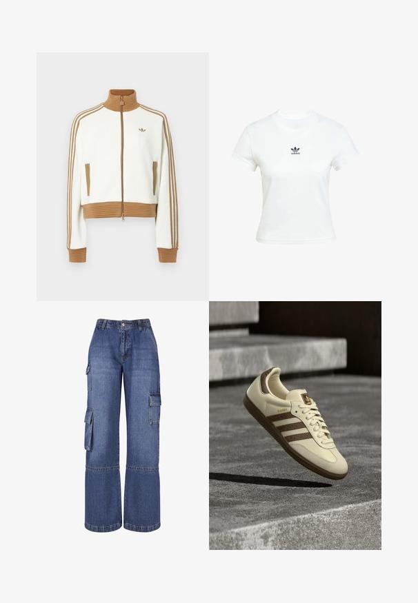 Bílá zkrácená bunda s hnědou žebrovanou límcem a manžetami. Má dvě boční kapsy a tři hnědé pruhy podél rukávů. Vyšívané logo.; Bílá bavlněná tričko s krátkými rukávy a kulatým výstřihem. Na hrudi se nachází černé logo Adidas. Jednoduchý, minimalistický design.; Džínové cargo kalhoty s širokými nohavicemi v středně modré barvě, se spoustou bočních kapes, zapínáním na knoflík a kontrastním prošíváním podél švů.; Teniska v krémové barvě s hnědými akcenty, texturovanými bočními pruhy a hladkým koženým povrchem. Má šněrování a gumovou podrážku.