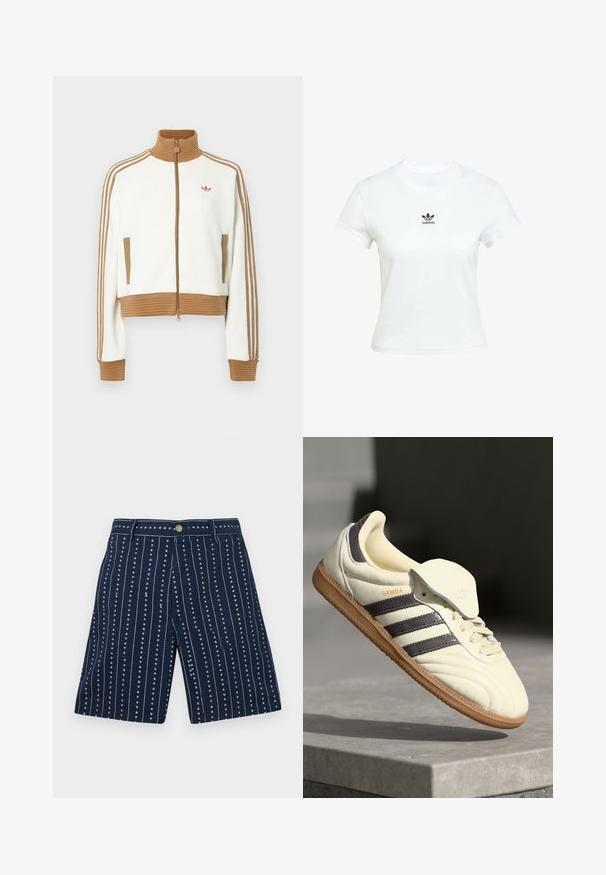 White cropped jacket with a ribbed brown collar and cuffs. Features two side pockets and three brown stripes along the sleeves. Embroidered logo.; White cotton t-shirt with short sleeves and a crew neckline. Features a black Adidas logo printed on the chest. Simple, minimal design.; Navy shorts featuring vertical stripes with small heart patterns, made of fabric with a soft texture. Equipped with a front button and zipper.; Cream leather sneaker with three dark stripes, a brown gum outsole, and a rounded toe. Features a foldable tongue labeled "SAMBA."