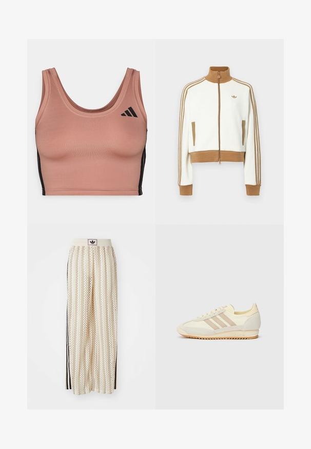 Giacca bianca cropped con collo e polsini a coste marroni. Presenta due tasche laterali e tre strisce marroni lungo le maniche. Logo ricamato.; Reggiseno sportivo in morbido tessuto rosa con scollatura a barco, strisce laterali nere e sottili accenti del logo. Vestibilità sagomata con superficie liscia.; Pantaloni a gamba larga color crema con un motivo a zigzag, dotati di una fascia in vita nera con logo e strisce nere laterali. Tessuto leggero e testurizzato.; Sneaker sportivo crema con tre strisce beige, materiali in suede e tessuto, suola testurizzata e logo in rilievo sul tallone.