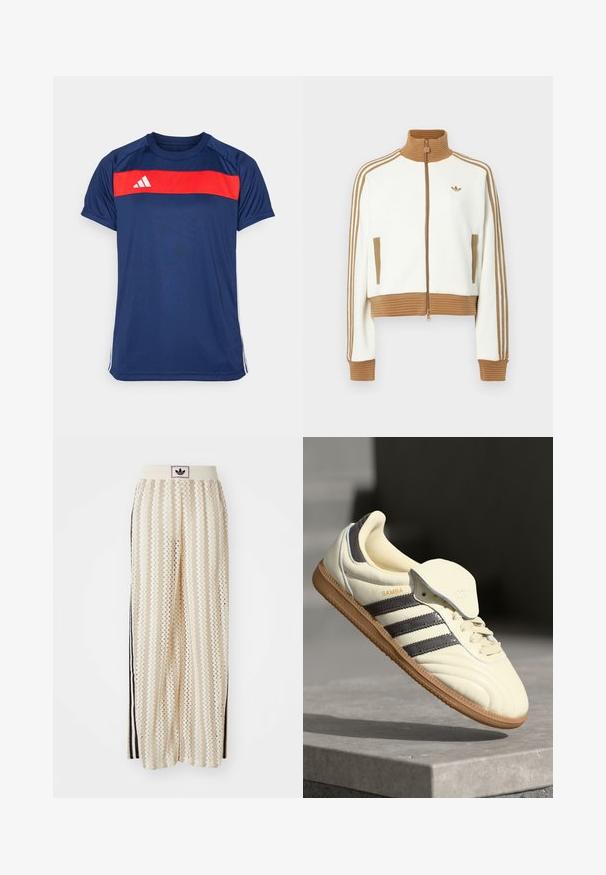 Jaqueta branca corta com um colarinho e punhos castanhos canelados. Apresenta dois bolsos laterais e três riscas castanhas nas mangas. Logótipo bordado.; T-shirt atlético azul-marinho com uma faixa vermelha horizontal ao longo do peito e três faixas brancas nas mangas. O material é liso e leve.; Calças largas de cor creme com um padrão em zigzag, apresentando uma cintura com logotipo preto e riscas laterais pretas. Tecido leve e texturizado.; Sneaker de couro creme com três riscas escuras, sola de borracha castanha e bico arredondado. Apresenta uma língua dobrável rotulada como "SAMBA."