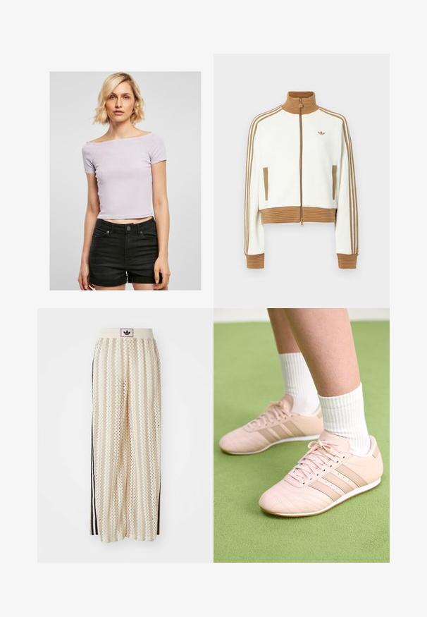 Balta īsā jaka ar ribotu brūnu apkakli un aprocēm. Iezīmēti divi sānu kabatas un trīs brūnas svītras gar piedurknēm. Izšūts logo.; Gaiši purpura ribota topiņš ar off-shoulder dizainu, īsām piedurknēm, pieguļošs siluets, valkāts ar augsto jostasvietu melnām biksēm.; Krēmbalti plaša piegriezuma bikses ar zigzaga rakstu, ar melnu logotipa jostu un melnām sānu svītrām. Viegls, teksturēts audums.; Gaiši rozā sporta apavi ar diagonālu šuvju, baltām zolēm un trim sānu strīpām. Valkāti ar ribotām baltām zeķēm uz zaļas virsmas.