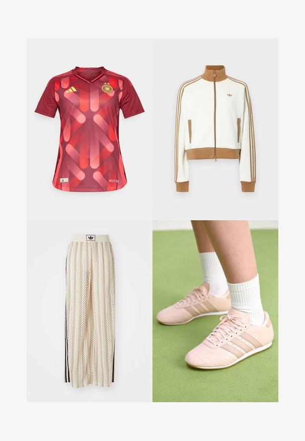 Bílá zkrácená bunda s hnědou žebrovanou límcem a manžetami. Má dvě boční kapsy a tři hnědé pruhy podél rukávů. Vyšívané logo.; Červený sportovní dres s krátkým rukávem, zdobený geometrickým oranžovým vzorem, s výstřihem do V, třemi žlutými pruhy na ramenou a znakem.; Krémové široké kalhoty s cikcak vzorem, s černým logem na pásu a černými pruhy po stranách. Lehčí, texturovaná tkanina.; Svetle růžové sportovní boty s diagonálním švem, bílou podrážkou a třemi bočními pruhy. Nosené s bílými žebrovanými ponožkami na zeleném povrchu.