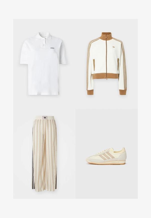 Jaqueta branca corta com um colarinho e punhos castanhos canelados. Apresenta dois bolsos laterais e três riscas castanhas nas mangas. Logótipo bordado.; Polo branca feita de algodão, com um colarinho clássico, três botões e um pequeno logótipo preto no lado esquerdo do peito. Mangas curtas.; Calças largas de cor creme com um padrão em zigzag, apresentando uma cintura com logotipo preto e riscas laterais pretas. Tecido leve e texturizado.; Sapatilha atlética creme com três riscas bege, materiais em camurça e tecido, sola texturizada e logo em relevo no calcanhar.