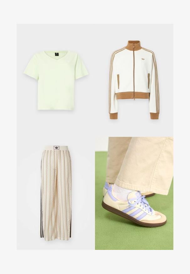 White cropped jacket with a ribbed brown collar and cuffs. Features two side pockets and three brown stripes along the sleeves. Embroidered logo.; Light green V-neck t-shirt made of cotton. Short sleeves, relaxed fit, and a small logo on the chest. Smooth texture without patterns.; Cream-colored wide-leg pants with a zigzag pattern, featuring a black logo waistband and side black stripes. Lightweight, textured fabric.; Cream and lavender sneakers with three stripes and a textured brown sole, featuring laces and a padded heel. Soft fabric upper.