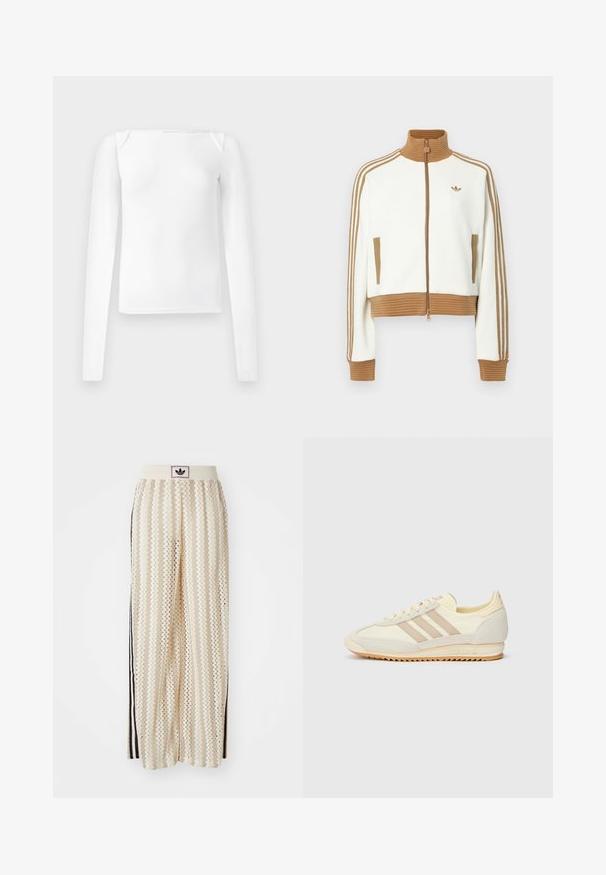 Balta trumpa striukė su raguoto rudo koloriumi ir rankogaliais. Yra dvi šoninės kišenės ir trys rudos juostelės palei rankoves. Išsiuvinėtas logotipas.; Balta ilgomis rankovėmis palaidinė su kvadrato formos iškirpte, pagaminta iš lygaus audinio, turinti prigludusią siluetą ir be siūlių pečių akcentus.; Grietos spalvos plačios kelnės su zigzagų raštu, turinčios juodą logotipo juostą ir šonines juodas juosteles. Lengvas, tekstūruotas audinys.; Kreminių spalvų sportiniai bateliai su trimis bežinėmis juostelėmis, pagaminti iš zomšos ir tekstilės medžiagų, su tekstūruota baze ir įspaustu prekiniu ženklu ant kulno.