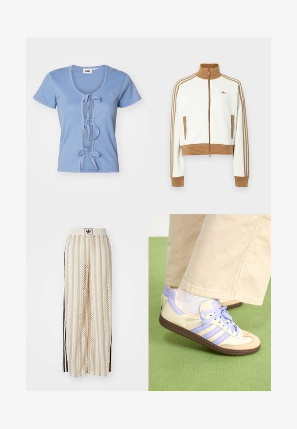Jachetă albă scurtă cu un guler și manșete dintr-un material ribbed de culoare maro. Are două buzunare laterale și trei dungi maronii pe mâneci. Logo brodat.; Tricou ribbed de culoare albastră deschisă, cu mâneci scurte, având un decolteu adânc în formă de V și legături în față pentru ajustare. Numele brandului este brodat pe piept.; Pantaloni largi de culoare crem, cu un model în zigzag, având un brâu cu logo negru și dungi laterale negre. Material ușor, texturat.; Adidași crem și lavandă cu trei dungi și o talpă texturată maro, având șireturi și un călcâi căptușit. Superior din material moale.