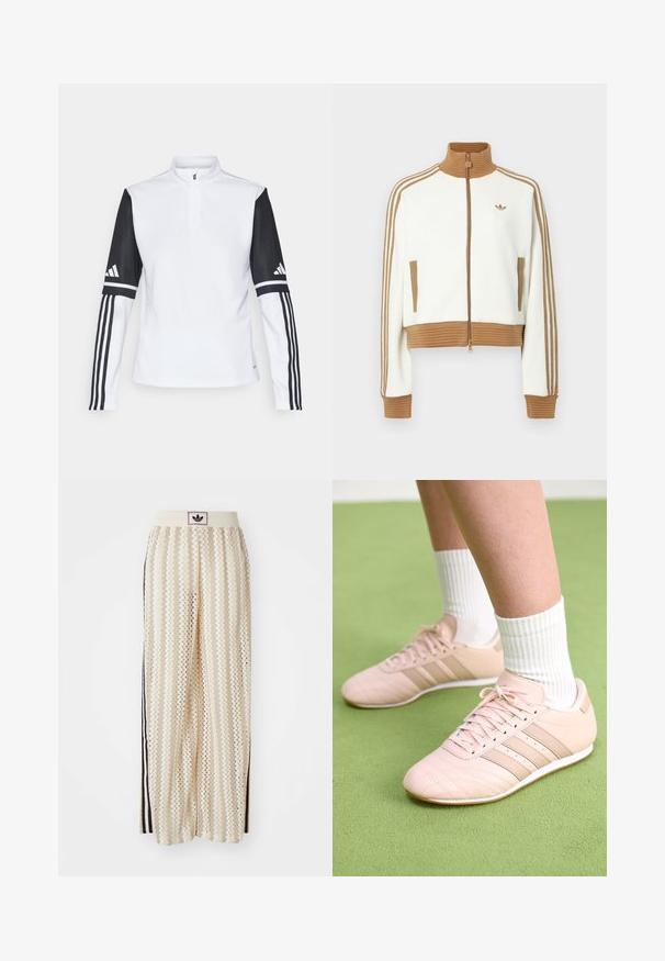 Giacca bianca cropped con collo e polsini a coste marroni. Presenta due tasche laterali e tre strisce marroni lungo le maniche. Logo ricamato.; Pullover sportivo bianco con colletto a mezza zip, maniche lunghe nere con tre strisce bianche e logo Adidas sulle spalle.; Pantaloni a gamba larga color crema con un motivo a zigzag, dotati di una fascia in vita nera con logo e strisce nere laterali. Tessuto leggero e testurizzato.; Scarpe da ginnastica rosa chiaro con cuciture diagonali, suole bianche e tre strisce laterali. Indossate con calze bianche a coste su una superficie verde.