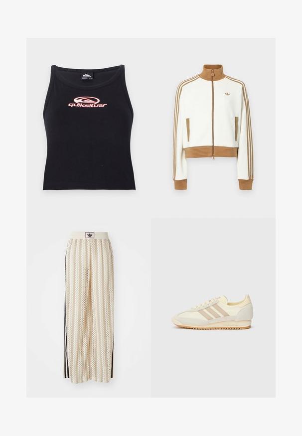Valge lühendatud jakk, millel on soonikkoes pruun krae ja mansetid. Omab kahte küljetaskut ja kolme pruuni triipu varrukatel. Siidistatud logo.; Must räbale crop top on pehmeast kangast, millel on südames roosa Quiksilveri logo. Lihtne disain ümmarguse kaelusega.; Kreemivärvilised lai säärega püksid, millel on siksakmustrit, must logoga vööp ja külgmised mustad triibud. Kerge, tekstureeritud kangas.; Kreem värvi spordijalats, millel on kolm beeži triipu, sametist ja tekstiilist materjalid, tekstureeritud tallaosa ning reljeefne bränding kandadel.