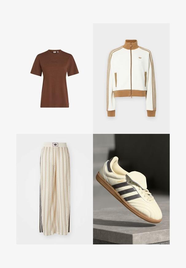 White cropped jacket with a ribbed brown collar and cuffs. Features two side pockets and three brown stripes along the sleeves. Embroidered logo.; Brown cotton t-shirt with short sleeves, round neckline, and subtle O'Neill logo embroidered on the chest. Smooth texture, casual fit.; Cream-colored wide-leg pants with a zigzag pattern, featuring a black logo waistband and side black stripes. Lightweight, textured fabric.; Cream leather sneaker with three dark stripes, a brown gum outsole, and a rounded toe. Features a foldable tongue labeled "SAMBA."