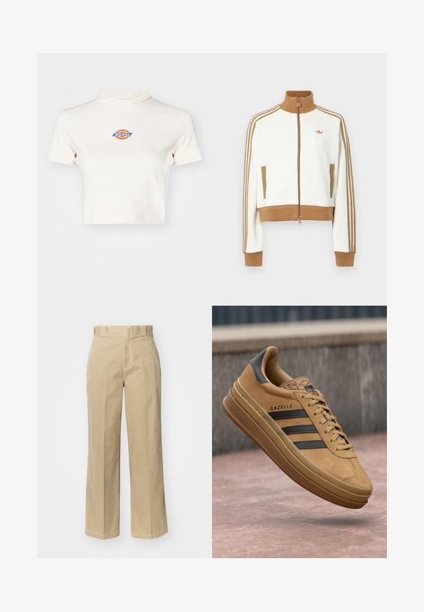 Balta īsā jaka ar ribotu brūnu apkakli un aprocēm. Iezīmēti divi sānu kabatas un trīs brūnas svītras gar piedurknēm. Izšūts logo.; Krēmkrāsas īsām piedurknēm krekls ar augstu apkakli un apļveida logotipu, kurā ir "Dickies" zilā, sarkanā un dzeltenā krāsā.; Bežīgas plašas bikses, izgatavotas no kokvilnas, ar jostas cilpām, rāvējslēdzēju un kontrastējošu šuvju šuvēm.; Gaišbrūnas zamša apavi ar gludu virsmu, kas rotāti ar trim tumšām svītrām, ar noapaļotu purngalu un biezāku zoli, kurai ir rakstains malas dizains.