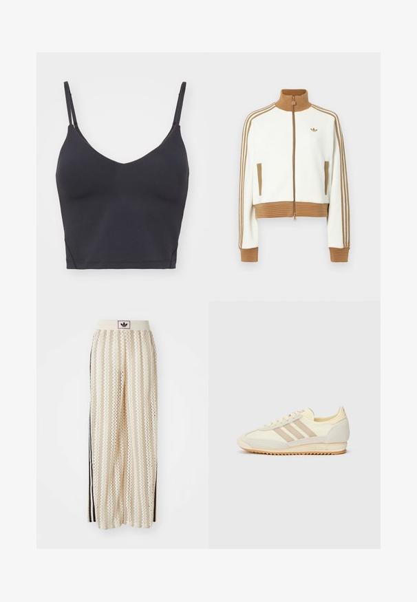 Valge lühendatud jakk, millel on soonikkoes pruun krae ja mansetid. Omab kahte küljetaskut ja kolme pruuni triipu varrukatel. Siidistatud logo.; Must kärgse tahke rinnahoidja õhukeste reguleeritavate rihmadega, V-kujuline dekoltee ja vormitud disain. Pehme, veniv kangas, millel pole nähtavaid lisandeid.; Kreemivärvilised lai säärega püksid, millel on siksakmustrit, must logoga vööp ja külgmised mustad triibud. Kerge, tekstureeritud kangas.; Kreem värvi spordijalats, millel on kolm beeži triipu, sametist ja tekstiilist materjalid, tekstureeritud tallaosa ning reljeefne bränding kandadel.