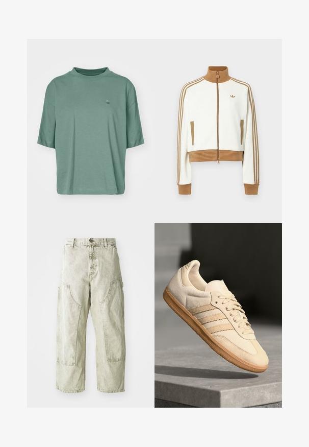 Biała kurtka typu crop z prążkowanym brązowym kołnierzem i mankietami. Posiada dwie boczne kieszenie i trzy brązowe paski na rękawach. Wyhaftowane logo.; Krótki rękaw, luźna koszulka z bawełny w stonowanym zielonym kolorze. Posiada subtelne logo fal na klatce piersiowej oraz ściągacz przy okrągłym dekolcie.; Jasnozielone szerokie spodnie cargo wykonane z denimu, z dużymi kieszeniami bocznymi, zapięciem na guzik i zamek błyskawiczny oraz widocznymi detalami szwów.; Jasno beżowe zamszowe sneakersy z gumową podeszwą, trzema skośnymi paskami i teksturowanym noskiem. Zawierają logo na języku i boku.