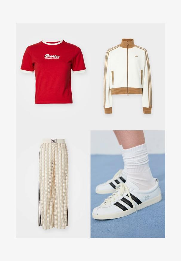 Balta trumpa striukė su raguoto rudo koloriumi ir rankogaliais. Yra dvi šoninės kišenės ir trys rudos juostelės palei rankoves. Išsiuvinėtas logotipas.; Raudonas medvilnės marškinėliai su baltais kontrastingais kraštais ir apykakle. Priekyje yra balta "Dickies Workwear Company" logotipas.; Grietos spalvos plačios kelnės su zigzagų raštu, turinčios juodą logotipo juostą ir šonines juodas juosteles. Lengvas, tekstūruotas audinys.; Baltos odinės sportbačiai su juodomis juostelėmis, kreminiu padu ir šviesiomis raištelėmis. Dėvimi su baltais raukšlėtais kojinėmis, pastatyti ant mėlyno fono.