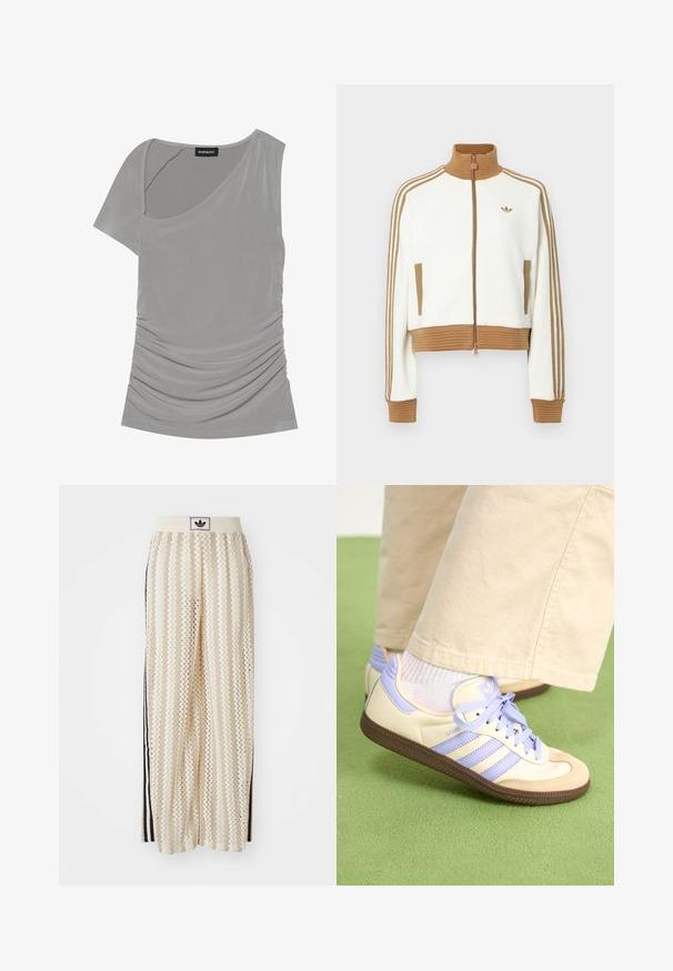 Hvit cropped jakke med en rillet brun krage og mansjetter. Har to sidelommer og tre brune striper langs ermene. Brodert logo.; Grå kortermet topp med asymmetrisk design, samlet tekstur på siden, og rund hals. Laget av mykt, elastisk materiale.; Kremfargede bukser med brede ben og zigzag-mønster, med en svart logo-linning og svarte striper på siden. Lett, teksturert stoff.; Kremfargede og lavendelfargede joggesko med tre striper og en teksturert brun såle, med lisser og en polstret hæl. Mykt stofføvre.