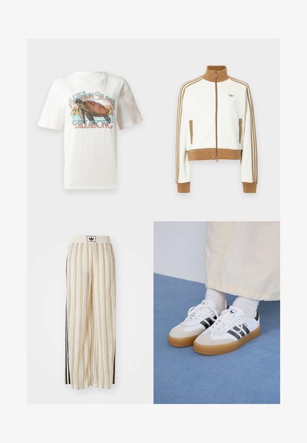 Chaqueta blanca cropped con un cuello y puños de color marrón con canalé. Cuenta con dos bolsillos laterales y tres rayas marrones a lo largo de las mangas. Logo bordado.; Camiseta blanca de algodón con un diseño gráfico de una tortuga y montañas, con el texto "Visita las Islas Hawái Billabong" en letras coloridas.; Pantalones de pierna ancha en color crema con un patrón en zigzag, que cuentan con una cinturilla con logo negro y franjas negras en los laterales. Tejido ligero y texturizado.; Zapatillas blancas con rayas negras y acentos de ante beige. Cuentan con una suela de goma texturizada y cordones blancos planos, usadas con calcetines de color claro.