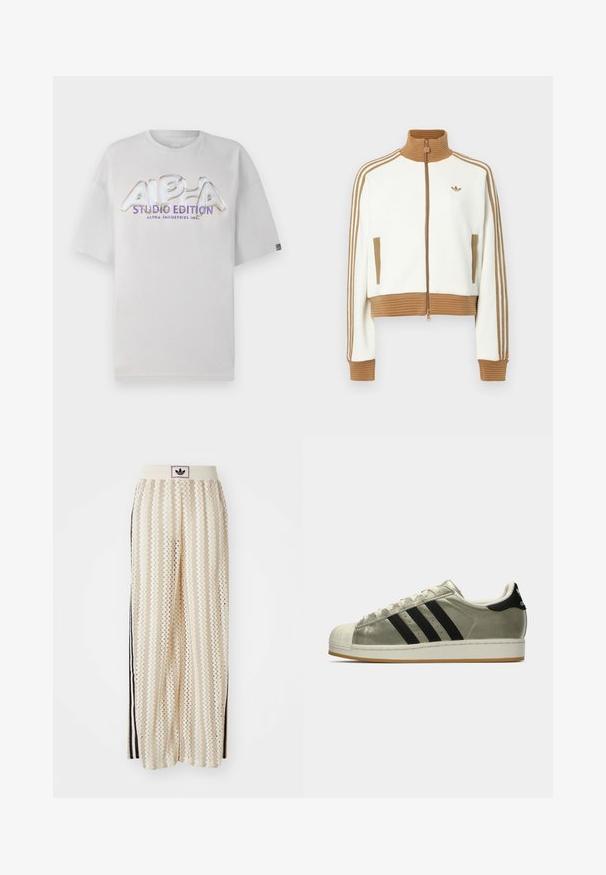 Fehér, rövidített dzseki bordás barna gallérral és mandzsettákkal. Két oldalsó zsebbe és három barna csíkba az ujjak mentén. Hímzett logóval.; Fehér, rövid ujjú póló, kerek nyakkivágással, az elején fényes, színes "ALPHA STUDIO EDITION" logóval.; Krém színű, széles szárú nadrág zigzag mintával, fekete logós derékrésszel és fekete oldalsávokkal. Könnyű, texturált anyag.; Fémes olíva zöld felsőrésszel rendelkező Adidas sportcipők, három fekete csíkkal, gumírozott orral és gumi talppal. Klasszikus dizájn texturált anyagból.