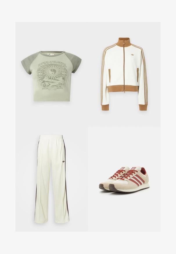 Chaqueta blanca cropped con un cuello y puños de color marrón con canalé. Cuenta con dos bolsillos laterales y tres rayas marrones a lo largo de las mangas. Logo bordado.; Camiseta de algodón verde con mangas cortas, featuring un gráfico de yin-yang y motivos naturales en un tono verde más oscuro que contrasta.; Pantalones de chándal color crema con un corte relajado, que cuentan con rayas laterales marrón oscuro y un logo bordado en el muslo izquierdo.; Zapatillas retro beige y rojas con tres rayas rojas, parte superior de ante texturizado y malla, suela acolchada, puntera redonda.