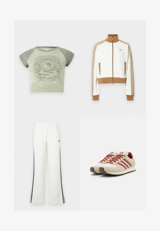 Balta īsā jaka ar ribotu brūnu apkakli un aprocēm. Iezīmēti divi sānu kabatas un trīs brūnas svītras gar piedurknēm. Izšūts logo.; Zaļš kokvilnas T-krekls ar īsām piedurknēm, ar jainainīgu grafiku un dabas motīviem kontrastējošā tumšākā zaļā tonī.; Gaiši krēmkrāsas bikses ar apļveida adījumu un platām kāju daļām. Tās ir aprīkotas ar tumši zilām sānu svītrām un Adidas logotipu uz gurna. Elastīga jostasvieta.; Bežīgas un sarkanas retro kedas ar trim sarkanām svītrām, teksturēta zamšādas un sieta virspuse, mīksta zole, noapaļota purngala forma.