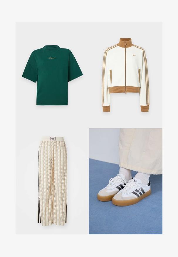 Bela skrajšana jakna z rebrastim rjavim ovratnikom in manšeti. Ima dva stranska žepa in tri rjave črte vzdolž rokavov. Vezen logo.; Zelena bombažna majica s visokim ovratnikom, kratkimi rokavi in izvezenim logotipom v zlati barvi na prsih. Enostaven, kvadraten dizajn.; Hlače širokega kroja kremne barve z zigzag vzorcem, opremljene z črnim logotipom na pasu in stranskimi črnimi črtami. Lahka, teksturirana tkanina.; Bele tene škornje s črnimi črtami in bež usnjenimi detajli. Imajo teksturirano gumijasto podplat in ravne bele vezalke, nosijo se z svetlimi nogavicami.
