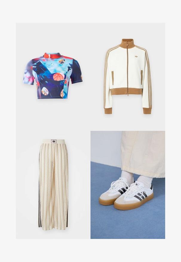 Bela skrajšana jakna z rebrastim rjavim ovratnikom in manšeti. Ima dva stranska žepa in tri rjave črte vzdolž rokavov. Vezen logo.; Kratka majica s kratkimi rokavi iz elastičnega in gladkega materiala, ki prikazuje živahen večbarven potisk z motivi košarke in visokim ovratnikom.; Hlače širokega kroja kremne barve z zigzag vzorcem, opremljene z črnim logotipom na pasu in stranskimi črnimi črtami. Lahka, teksturirana tkanina.; Bele tene škornje s črnimi črtami in bež usnjenimi detajli. Imajo teksturirano gumijasto podplat in ravne bele vezalke, nosijo se z svetlimi nogavicami.