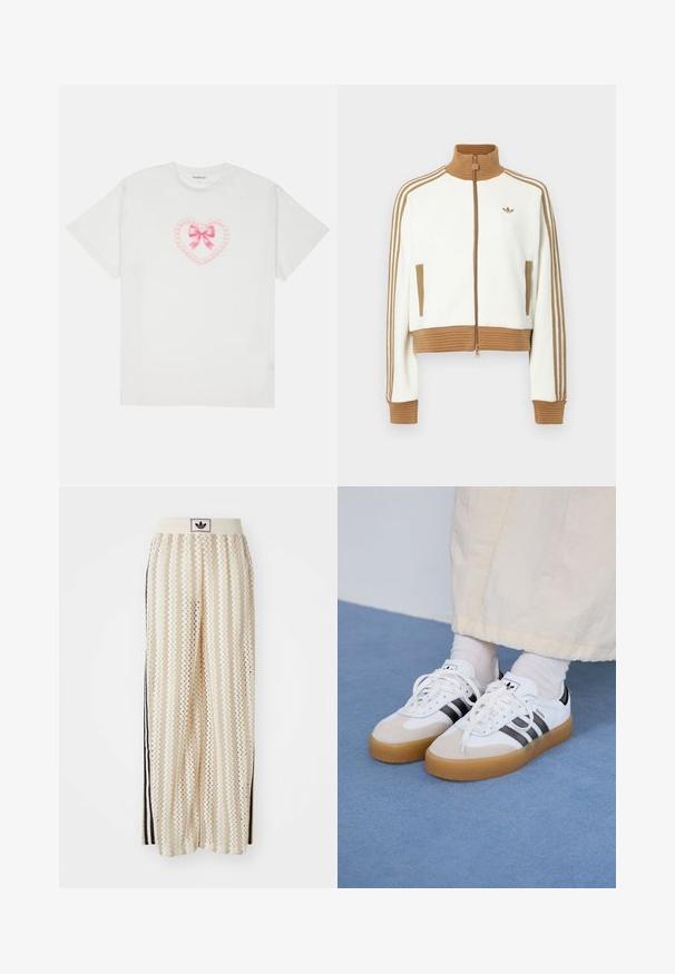 Jaqueta branca corta com um colarinho e punhos castanhos canelados. Apresenta dois bolsos laterais e três riscas castanhas nas mangas. Logótipo bordado.; T-shirt de algodão branca com um design de coração rosa, adornado com um laço e detalhes de corrente. Mangas curtas e decote redondo. Textura suave.; Calças largas de cor creme com um padrão em zigzag, apresentando uma cintura com logotipo preto e riscas laterais pretas. Tecido leve e texturizado.; Ténis brancos com riscas pretas e detalhes em camurça bege. Apresentam uma sola de borracha texturizada e atacadores brancos lisos, usados com meias de tom claro.
