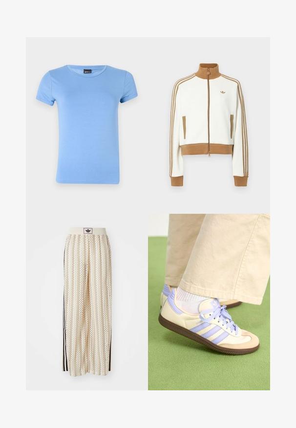 White cropped jacket with a ribbed brown collar and cuffs. Features two side pockets and three brown stripes along the sleeves. Embroidered logo.; Light blue, short-sleeve t-shirt made of soft fabric features a classic round neckline and a clean, simple silhouette.; Cream-colored wide-leg pants with a zigzag pattern, featuring a black logo waistband and side black stripes. Lightweight, textured fabric.; Cream and lavender sneakers with three stripes and a textured brown sole, featuring laces and a padded heel. Soft fabric upper.