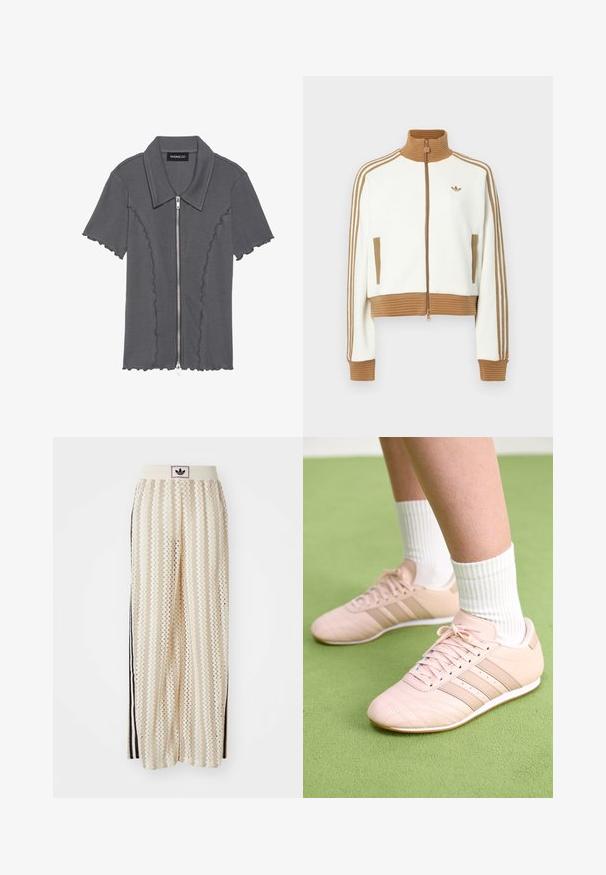 Biała kurtka typu crop z prążkowanym brązowym kołnierzem i mankietami. Posiada dwie boczne kieszenie i trzy brązowe paski na rękawach. Wyhaftowane logo.; Szara koszulka z krótkim rękawem z zapięciem na zamek i falbanym dołem. Posiada prążkowaną fakturę i kołnierzyk. Metka: even&odd.; Kremowe szerokie spodnie w stylu palazzo z wzorem w zygzak, z czarnym paskiem z logo oraz bocznymi czarnymi paskami. Lekki, teksturowany materiał.; Jasnoróżowe buty sportowe z ukośnym przeszyciem, białymi podeszwami i trzema bocznymi paskami. Noszone z prążkowanymi białymi skarpetami na zielonej powierzchni.