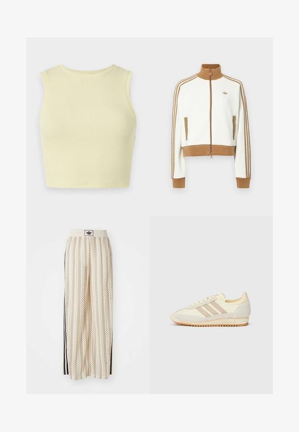 Witte cropped jas met een geribbeld bruin kraag en boorden. Voorzien van twee zijzakken en drie bruine strepen langs de mouwen. Geborduurd logo.; Lichtgele geribde crop top met een ronde halslijn, zonder mouwen en een aansluitend ontwerp. Zachte textuur met een ademende gebreide stof.; Crème kleurige wijde broek met een zigzagpatroon, met een zwarte logo tailleband en zij zwarte strepen. Lichtgewicht, gestructureerde stof.; Crème sport sneaker met drie beige strepen, suède en textielmaterialen, een gestructureerde zool en geperst logo op de hiel.