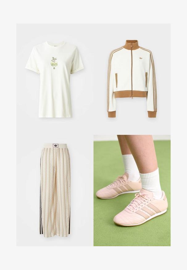 White cropped jacket with a ribbed brown collar and cuffs. Features two side pockets and three brown stripes along the sleeves. Embroidered logo.; White short-sleeve t-shirt with a green plant growing from two cupped hands graphic centered on the chest.; Cream-colored wide-leg pants with a zigzag pattern, featuring a black logo waistband and side black stripes. Lightweight, textured fabric.; Light pink athletic shoes with diagonal stitching, white soles, and three lateral stripes. Worn with ribbed white socks on green surface.