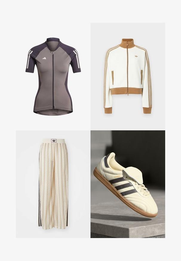 Giacca bianca cropped con collo e polsini a coste marroni. Presenta due tasche laterali e tre strisce marroni lungo le maniche. Logo ricamato.; Maglia da ciclismo a maniche corte grigia con accenti viola scuro, chiusura frontale con zip e strisce bianche sulle spalle. Realizzata in tessuto elasticizzato.; Pantaloni a gamba larga color crema con un motivo a zigzag, dotati di una fascia in vita nera con logo e strisce nere laterali. Tessuto leggero e testurizzato.; Sneaker in pelle crema con tre strisce scure, suola in gomma marrone e punta arrotondata. Presenta una linguetta pieghevole etichettata "SAMBA".
