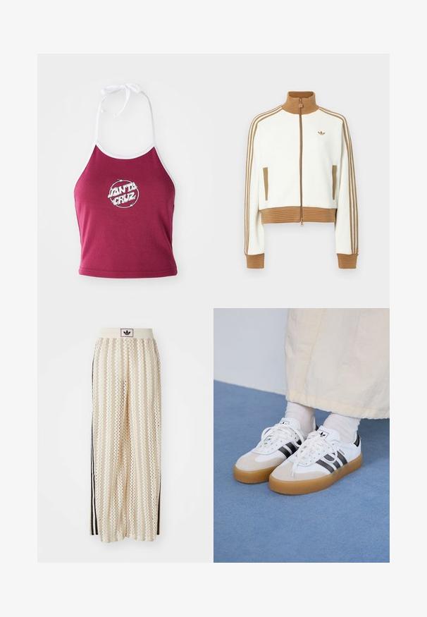 Balta īsā jaka ar ribotu brūnu apkakli un aprocēm. Iezīmēti divi sānu kabatas un trīs brūnas svītras gar piedurknēm. Izšūts logo.; Bordo halter stila topiņš ar baltu apdari, ar apaļu logotipu, kurā rakstīts "Santa Cruz" baltā krāsā, izgatavots no ribota kokvilnas materiāla.; Krēmbalti plaša piegriezuma bikses ar zigzaga rakstu, ar melnu logotipa jostu un melnām sānu svītrām. Viegls, teksturēts audums.; Baltas sporta apavi ar melnām svītrām un beisīgo zamšādu akcentiem. Ievies struktūrētu gumijas zoli un izkārtotas baltas šnerves, valkāti ar gaišiem zeķēm.