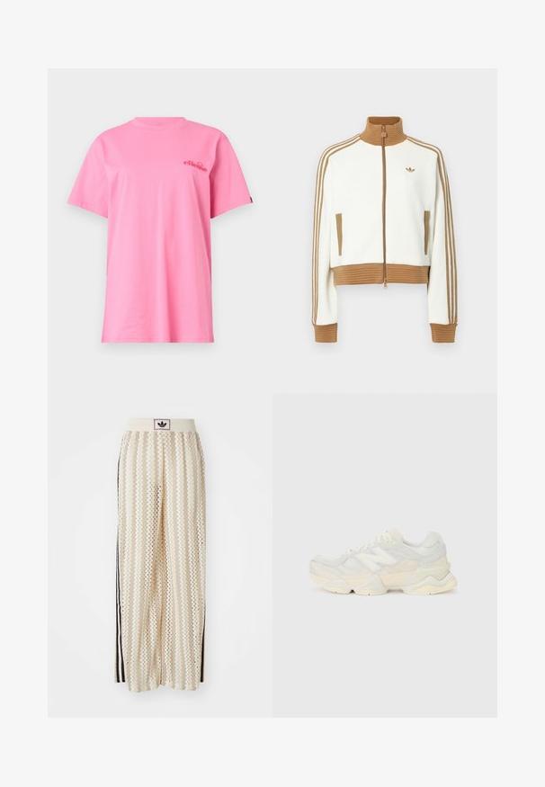 White cropped jacket with a ribbed brown collar and cuffs. Features two side pockets and three brown stripes along the sleeves. Embroidered logo.; Pink cotton T-shirt with short sleeves, a round neckline, and a small red logo on the chest. Soft texture and relaxed fit.; Cream-colored wide-leg pants with a zigzag pattern, featuring a black logo waistband and side black stripes. Lightweight, textured fabric.; Lightweight sneaker featuring a mesh and suede upper in soft cream tones, with a chunky sole and three-dimensional accents.