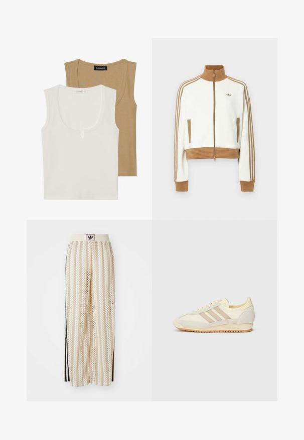 White cropped jacket with a ribbed brown collar and cuffs. Features two side pockets and three brown stripes along the sleeves. Embroidered logo.; Two tank tops: one cream with a scoop neck and slight front detail, the other light brown, both with a ribbed texture and wide straps.; Cream-colored wide-leg pants with a zigzag pattern, featuring a black logo waistband and side black stripes. Lightweight, textured fabric.; Cream athletic sneaker featuring three beige stripes, suede and textile materials, a textured sole, and embossed branding on the heel.