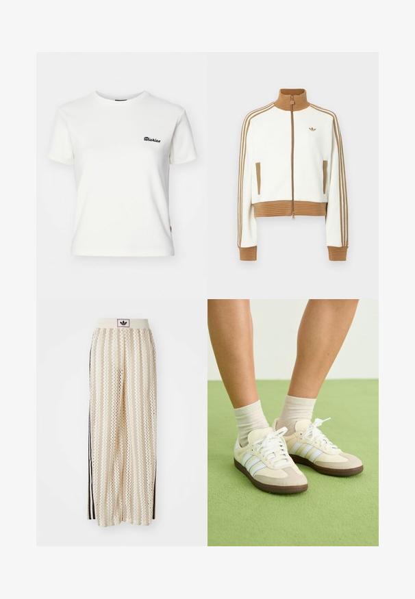 Bela skrajšana jakna z rebrastim rjavim ovratnikom in manšeti. Ima dva stranska žepa in tri rjave črte vzdolž rokavov. Vezen logo.; Bela kratka majica s kratkimi rokavi iz nežnega bombaža, ki na levem prsnem delu nosi majhen črni logotip "Dickies" in ima rahlo prilegajočo obliko.; Hlače širokega kroja kremne barve z zigzag vzorcem, opremljene z črnim logotipom na pasu in stranskimi črnimi črtami. Lahka, teksturirana tkanina.; Samba teniske s kremno-bež barvno shemo, ki imajo tri svetlo modre črte, bele vezalke in rjave gumijaste podplate.