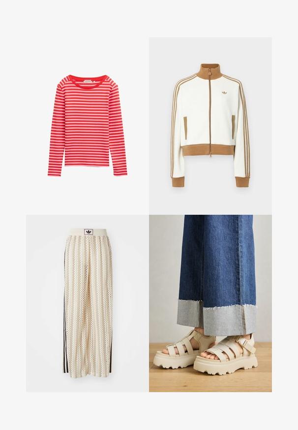 Hvit cropped jakke med en rillet brun krage og mansjetter. Har to sidelommer og tre brune striper langs ermene. Brodert logo.; Langermet topp med røde og lyse rosa horisontale striper, rund halslinning, myk stoff, avslappet passform, ingen synlig hardware eller detaljer.; Kremfargede bukser med brede ben og zigzag-mønster, med en svart logo-linning og svarte striper på siden. Lett, teksturert stoff.; Beige plattform sandaler med tykke såler har en stropdesign og justerbare ankelstropper. Båret med brede denimbukser, har den ene kanten slitt.