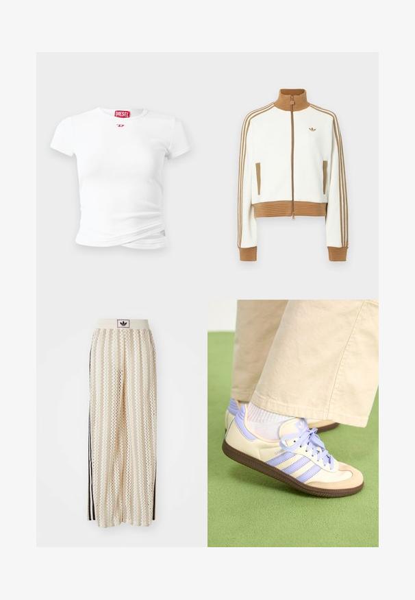 Giacca bianca cropped con collo e polsini a coste marroni. Presenta due tasche laterali e tre strisce marroni lungo le maniche. Logo ricamato.; T-shirt bianco a maniche corte realizzato in tessuto a costine, con un piccolo logo rosso Diesel sul petto e un dettaglio torciglione vicino all'orlo.; Pantaloni a gamba larga color crema con un motivo a zigzag, dotati di una fascia in vita nera con logo e strisce nere laterali. Tessuto leggero e testurizzato.; Sneakers crema e lavanda con tre strisce e suola marrone texturizzata, dotati di lacci e tallone imbottito. Parte superiore in tessuto morbido.