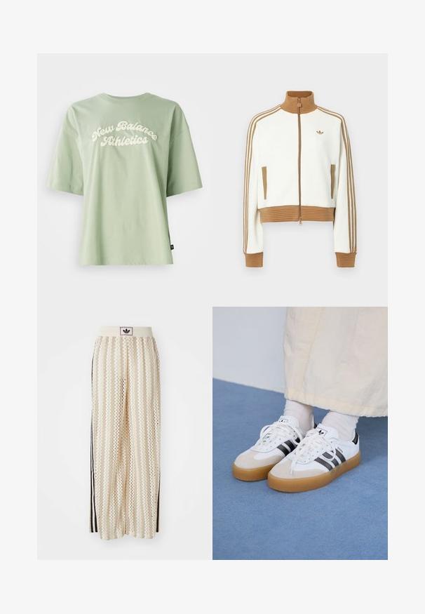 Hvit cropped jakke med en rillet brun krage og mansjetter. Har to sidelommer og tre brune striper langs ermene. Brodert logo.; Grønn bomull t-skjorte med en buet, kremfarget "New Balance Athletics" logo foran, med korte ermer og avslappet passform.; Kremfargede bukser med brede ben og zigzag-mønster, med en svart logo-linning og svarte striper på siden. Lett, teksturert stoff.; Hvite sneakers med svarte striper og beige semsket skinn-detaljer. Har en teksturert gummisåle og flate hvite snører, brukt med lyse sokker.