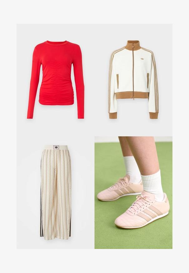 Fehér, rövidített dzseki bordás barna gallérral és mandzsettákkal. Két oldalsó zsebbe és három barna csíkba az ujjak mentén. Hímzett logóval.; Piros, hosszú ujjú felső rugalmas anyagból, kerek nyakkivágással és elöl ráncolt textúrával a szabott stílusért.; Krém színű, széles szárú nadrág zigzag mintával, fekete logós derékrésszel és fekete oldalsávokkal. Könnyű, texturált anyag.; Világos rózsaszín sportcipők, átlós varrással, fehér talppal és három oldalsó csíkkal. Zöld felületen bordázott fehér zoknikkal viselve.