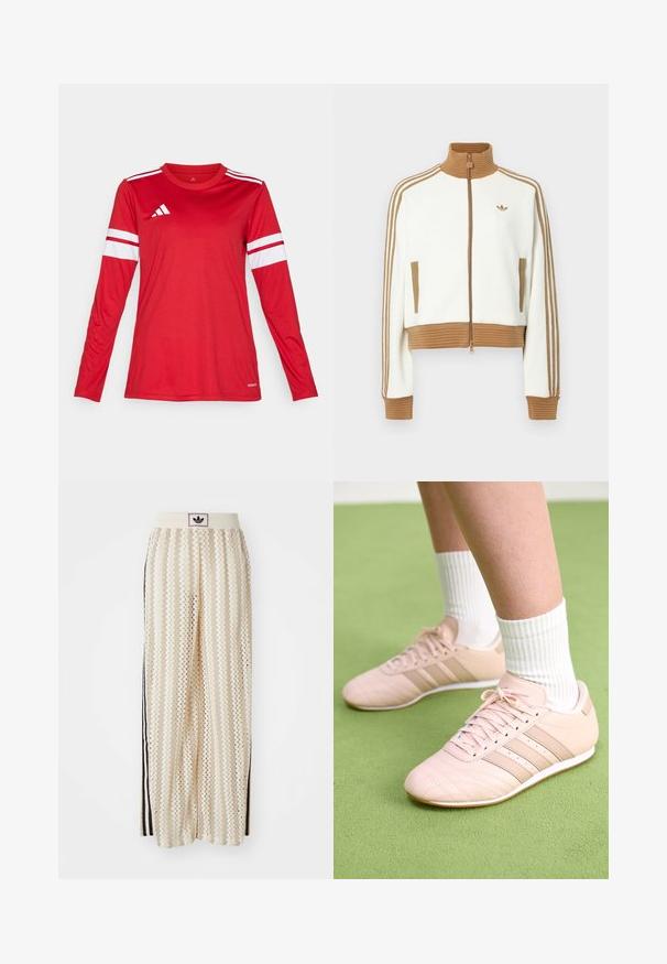 Weißes gekürztes Jacket mit einem gerippten braunen Kragen und Bündchen. Verfügt über zwei Seitentaschen und drei braune Streifen entlang der Ärmel. Besticktes Logo.; Rotes langärmliges Sportshirt aus glattem Stoff mit weißen Streifen an den Ärmeln und einem Logo auf der Brust. Rundhalsausschnitt.; Cremfarbene, weit geschnittene Hosen mit einem Zickzackmuster, ausgestattet mit einem schwarzen Logo-Bund und seitlichen schwarzen Streifen. Leichter, strukturierter Stoff.; Helle rosa Sportschuhe mit schrägen Nähten, weißen Sohlen und drei seitlichen Streifen. Getragen mit gestreiften weißen Socken auf grünem Untergrund.