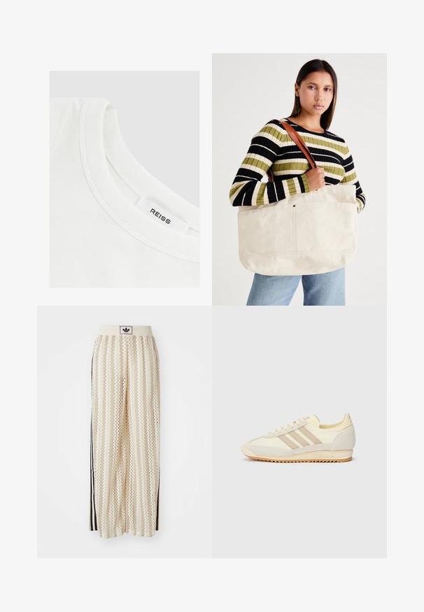 Witte cropped jas met een geribbeld bruin kraag en boorden. Voorzien van twee zijzakken en drie bruine strepen langs de mouwen. Geborduurd logo.; Witte katoenen t-shirt met een ronde hals en gestikte details; het label zegt "REISS." Glad textuur, eenvoudig ontwerp.; Crème kleurige wijde broek met een zigzagpatroon, met een zwarte logo tailleband en zij zwarte strepen. Lichtgewicht, gestructureerde stof.; Crème sport sneaker met drie beige strepen, suède en textielmaterialen, een gestructureerde zool en geperst logo op de hiel.; Grote beige canvas draagtasje met bruine leren hengsels, met een minimalistisch ontwerp en zichtbare stikaccenten.