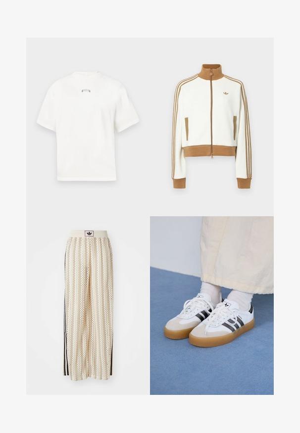 White cropped jacket with a ribbed brown collar and cuffs. Features two side pockets and three brown stripes along the sleeves. Embroidered logo.; White short-sleeve t-shirt with a crew neck, featuring subtle green embroidered text on the back. Soft cotton material, casual fit.; Cream-colored wide-leg pants with a zigzag pattern, featuring a black logo waistband and side black stripes. Lightweight, textured fabric.; White sneakers with black stripes and beige suede accents. Feature a textured gum sole and flat white laces, worn with light-colored socks.