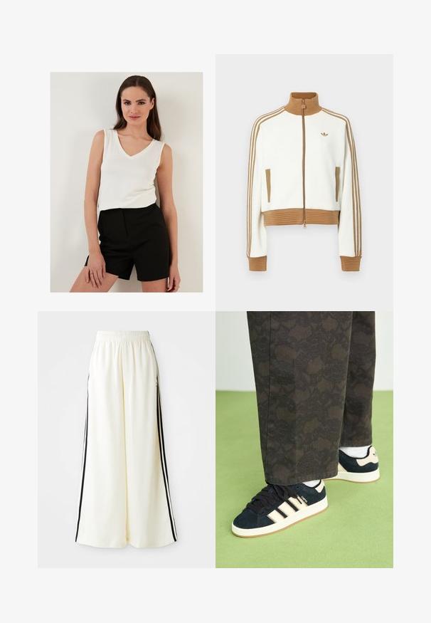 Bela skrajšana jakna z rebrastim rjavim ovratnikom in manšeti. Ima dva stranska žepa in tri rjave črte vzdolž rokavov. Vezen logo.; Bela brezrokavnica z V-izrezom, v kombinaciji z visokimi črnimi kratkimi hlačami; oblačila sta izdelana iz lahkega blaga in imata gladko teksturo.; Bele široke hlače z elastiko v pasu in črnimi vertikalnimi črtami ob zunanjih šivih.; Črne in vzorčaste hlače v kombinaciji z mornarsko modrimi semiš teniskami z medeni črtami in belimi podplati. Površine so prikazane kot teksturirane in ravne.