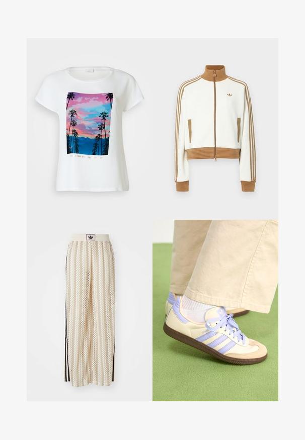 Hvid cropped jakke med en ribbet brun krave og mansjetter. Har to sidelommer og tre brune striber langs ærmerne. Broderet logo.; Hvid kortærmet t-shirt med et farverigt grafik af palmetræer mod en solnedgangsbagggrund med bjerge, samt tekst nederst.; Cremefarvede bukser med vidde, der har et zigzag-mønster, med en sort logoelastik i taljen og sorte striber på siden. Letvægtigt, tekstureret stof.; Creme og lavendel sneakers med tre striber og en tekstureret brun sål, der har snørebånd og en polstret hæl. Blødt stof øvre.