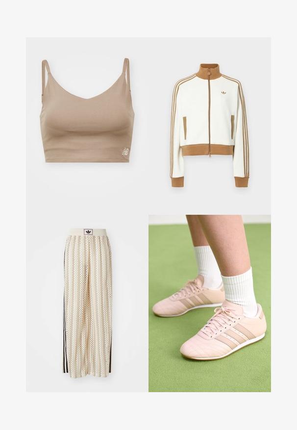 Giacca bianca cropped con collo e polsini a coste marroni. Presenta due tasche laterali e tre strisce marroni lungo le maniche. Logo ricamato.; New Balance HARMONY LIGHT SUPPORT - Top - mushroom; Pantaloni a gamba larga color crema con un motivo a zigzag, dotati di una fascia in vita nera con logo e strisce nere laterali. Tessuto leggero e testurizzato.; Scarpe da ginnastica rosa chiaro con cuciture diagonali, suole bianche e tre strisce laterali. Indossate con calze bianche a coste su una superficie verde.