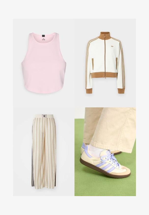 Hvit cropped jakke med en rillet brun krage og mansjetter. Har to sidelommer og tre brune striper langs ermene. Brodert logo.; Lyserosa crop-top laget av ribbestrikket stoff. Har rund hals og er ermeløs, med rette kanter og ingen dekorasjoner.; Kremfargede bukser med brede ben og zigzag-mønster, med en svart logo-linning og svarte striper på siden. Lett, teksturert stoff.; Kremfargede og lavendelfargede joggesko med tre striper og en teksturert brun såle, med lisser og en polstret hæl. Mykt stofføvre.